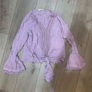 Tie-Front Lace-Trim Blouse - Lavender